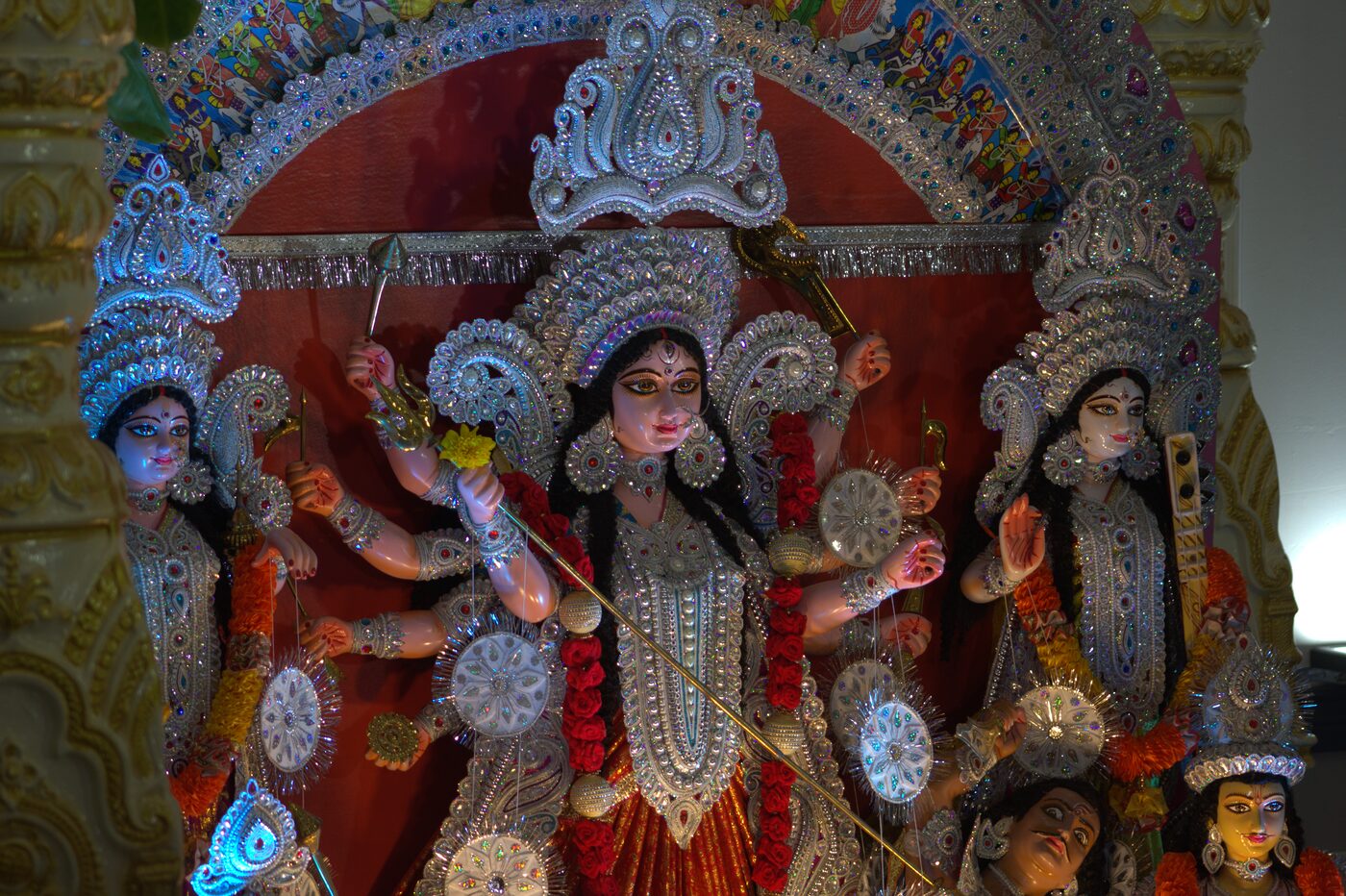 Close-up of the decorated Durga Puja pandal and idol