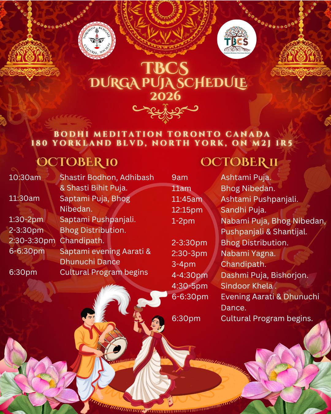TBCS Durga Puja Schedule 2026 flyer, listing the same October 10 and October 11 timings shown above, at Bodhi Meditation Toronto, 180 Yorkland Blvd, North York