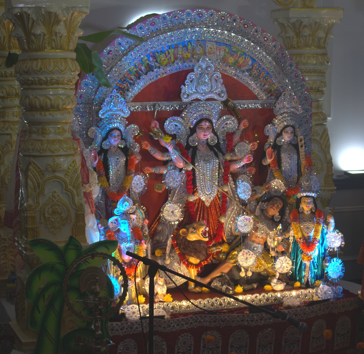 Ma Durga and her children on the decorated TBCS pandal