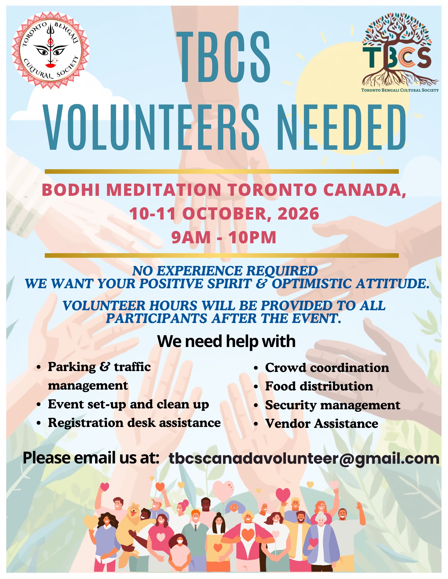 TBCS Volunteers Needed flyer for Durga Puja 2026, listing the same roles shown here, at Bodhi Meditation Toronto, October 10&ndash;11, 9 AM to 10 PM